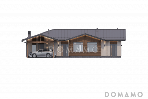 Проект одноэтажного дома с тремя спальнями, верандой для барбекю, постирочной и лапомойкой / Фасад 2