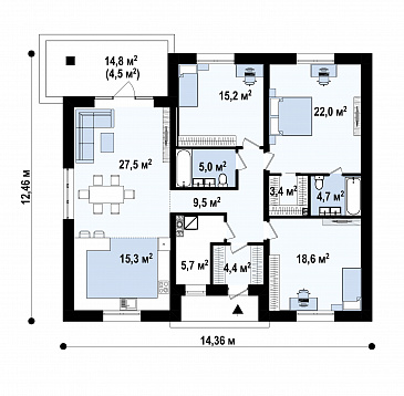 Проект одноэтажного загородного дома с мастер-спальней, террасой, кухней с окном у мойки / План 1 этажа