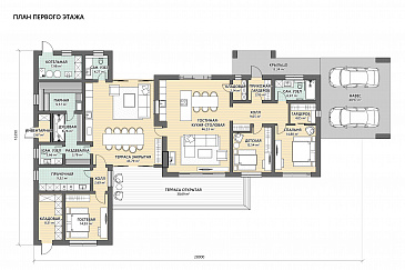 Проект сблокированного дома с утепленной террасой, сауной, 3 спальнями и навесом на 2 машины / План 1 этажа