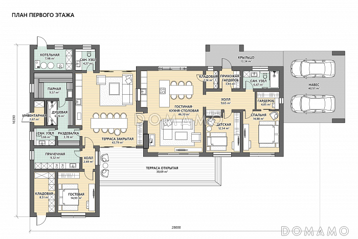 Проект сблокированного дома с утепленной террасой, сауной, 3 спальнями и навесом на 2 машины / План 1 этажа