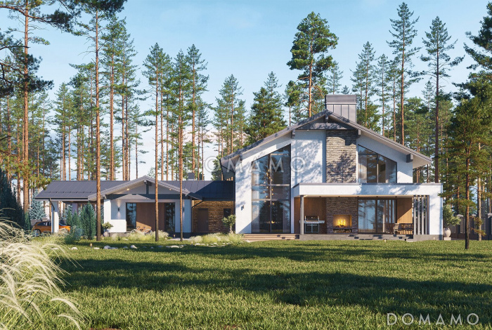 Проект каркасного дома с 3 спальнями, сауной, гаражом и навесом для автомобилей