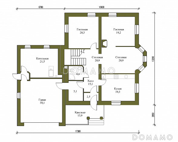 Проект коттеджа из газобетона с гаражом на 2 машины / План 1 этажа