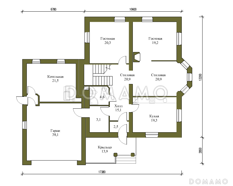 Проект коттеджа из газобетона с гаражом на 2 машины / План 1 этажа