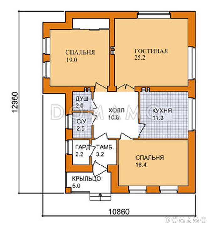 Проект кирпичного дома с изолированной кухней, двумя спальнями и небольшой гостиной / План 1 этажа