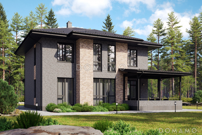 Проект дома из газобетона с кабинетом, гостевой, террасой и тремя спальнями