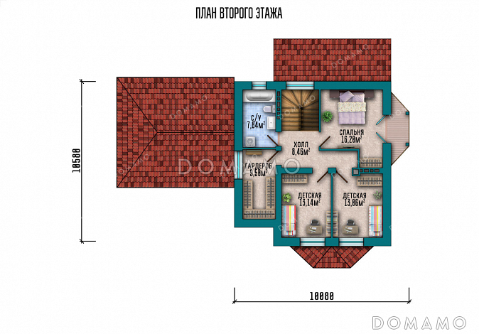 Проект дома с цокольным этажом, тремя спальнями, эркерами и гаражом на 2 машины / План мансардного этажа