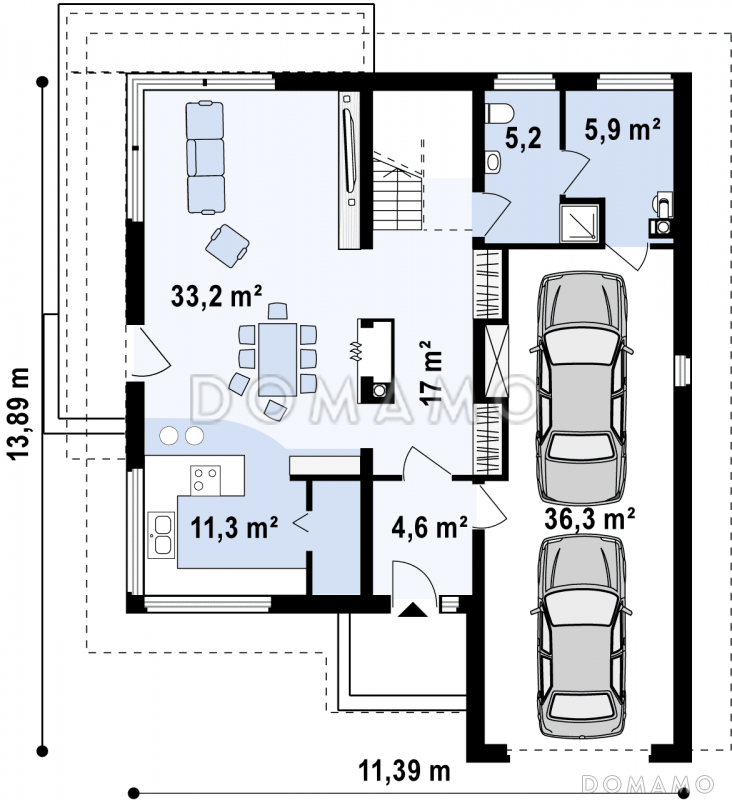 Проект двухэтажного дома из кирпича, адаптированный для сейсмозоны с четырьмя спальнями и удлинённым двухместным гаражом / План 1 этажа