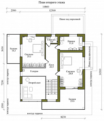 Проект двухэтажного кирпичного дома в стиле хай-тек с масштабным остеклением, вторым светом и спортзалом / План 2 этажа