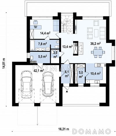 Проект современного двухэтажного дома из газобетона с четырьмя спальнями, кабинетом и большим гаражом / План 1 этажа