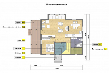 Проект каркасного дома в стиле фахверк с сауной на мансардном этаже / План 1 этажа