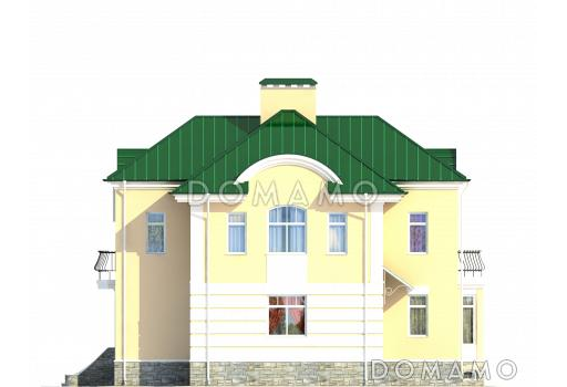 Проект дома с цокольным этажом, бассейном и сауной, кухней с эркером, открытой террасой, бильярдной на мансарде / Фасад 2