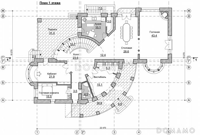 Проект коттеджа с круглым холлом и башенкой / План 1 этажа