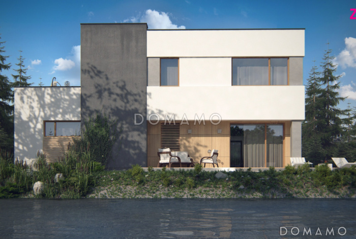 Проект современного двухэтажного дома из газобетона с техническим помещением, гаражом и открытой террасой на втором этаже