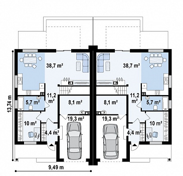 Проект мансардных домов-близнецов из газобетона с гаражом и современными элементами дизайна / План 1 этажа