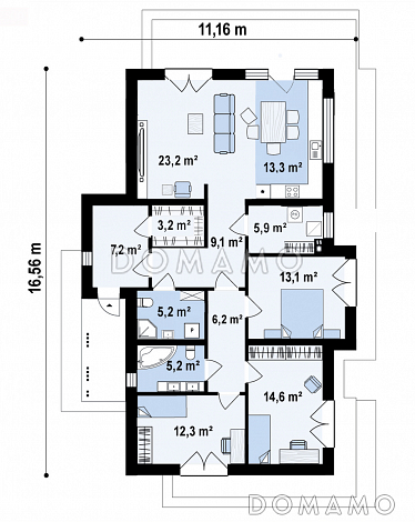 Проект одноэтажного дома с продуманной планировкой, эркером, навесом, объединенной кухней и гостиной / План 1 этажа
