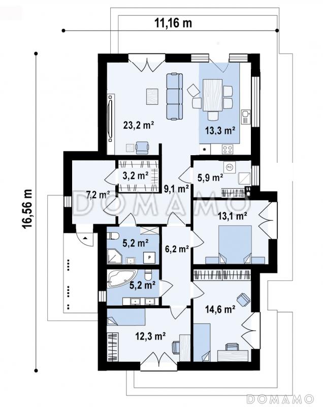 Проект одноэтажного дома с продуманной планировкой, эркером, навесом, объединенной кухней и гостиной / План 1 этажа