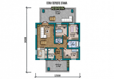 Проект дома с тремя спальнями, окнами в пол и крытой террасой / План 1 этажа