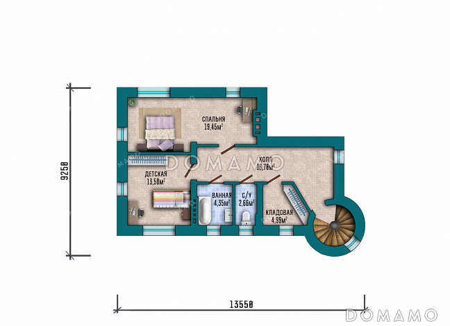 Проект двухэтажного дома с башней в замковом стиле, большим подвалом и продуманными планировочными решениями / План 2 этажа