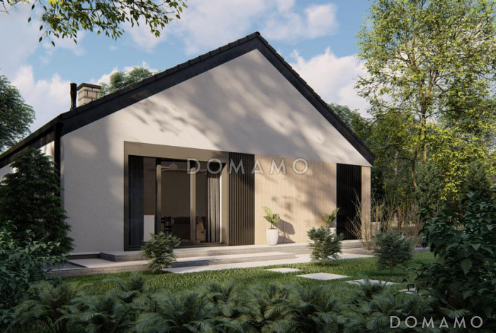 Проект одноэтажного загородного дома с просторной гостиной, кухней с кладовой,  ванной с окном, большой прихожей