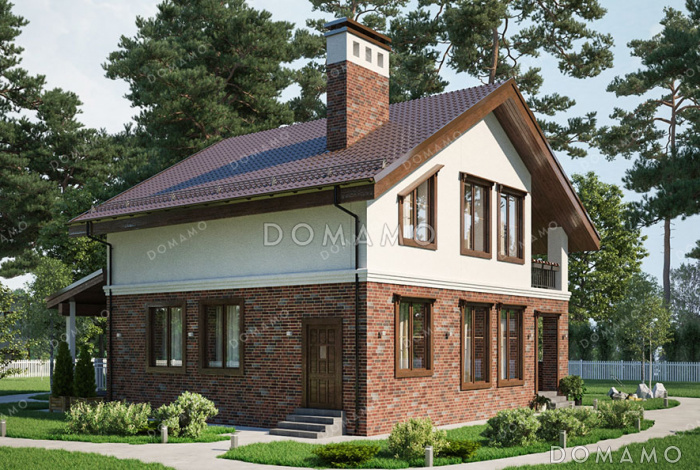 Проект дома с просторной кухней-столовой, загороженным крыльцом и уютным балконом на верхнем этаже