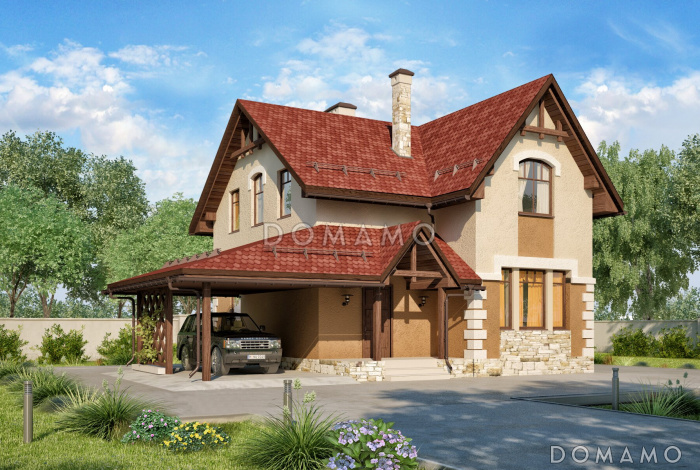 Проект дома с навесом для машины, котельной-постирочной, совмещенной кухней и гостиной