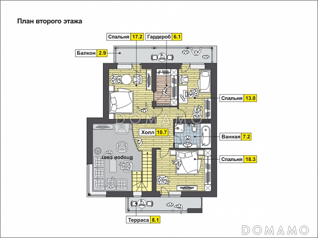 Проект дома с большой открытой террасой, навесом на одну машину, вторым светом, террасой и балконом на мансардном этаже / План мансардного этажа