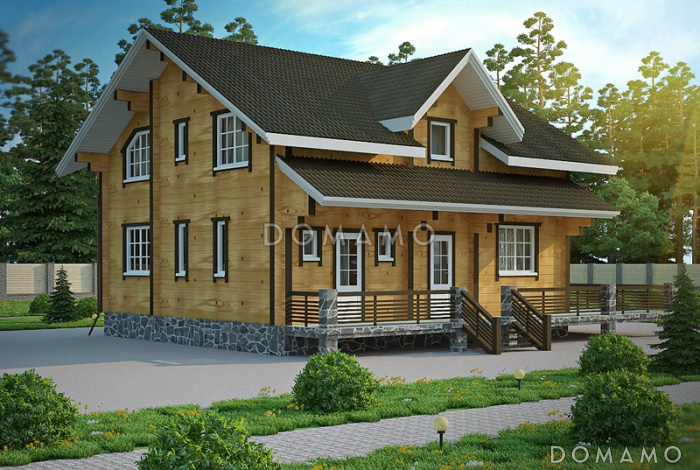 Проект дома из клееного бруса с большим балконом на мансардном этаже