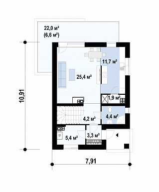 Проект дома с террасой, подвалом, кухней с кладовой, санузлом с душем на первом этаже / План 1 этажа
