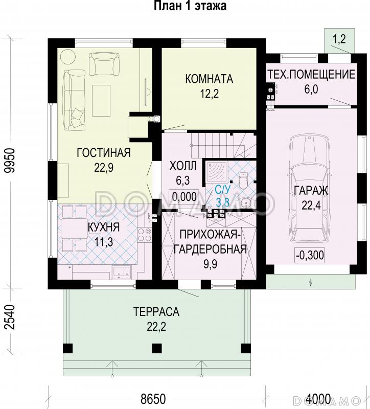Проект двухэтажного дома с гаражом, террасой и камином в гостиной / План 1 этажа