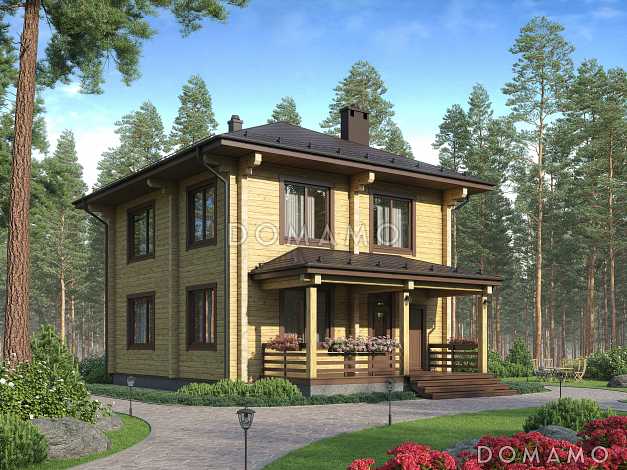 Проект двухэтажного дома из бруса с 4 спальнями и крыльцом-террасой