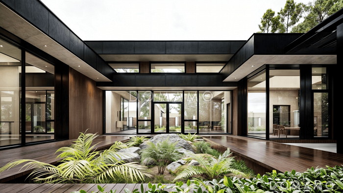 Проект одноэтажного дома с зоной барбекю, сауной и гаражом