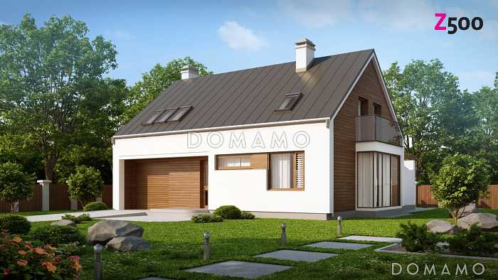 Проект одноэтажного мансардного дома из газобетона со стеклянным эркером в кухонной зоне, балконом над ним и гаражом