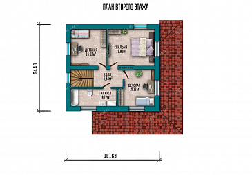 Проект двухэтажного дома с большой террасой / План 2 этажа