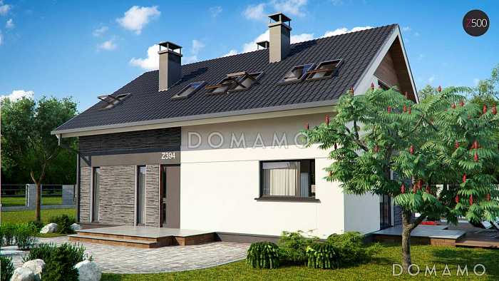 Проект одноэтажного мансардного дома из кирпича с четырьмя спальнями и панорамным остеклением гостиной