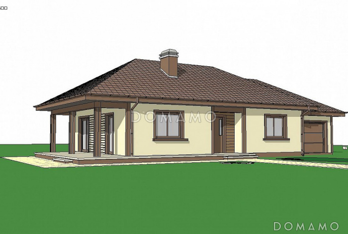 Проект компактного одноэтажного дома из кирпича с двумя спальнями и боковой террасой и пристроенным гаражом