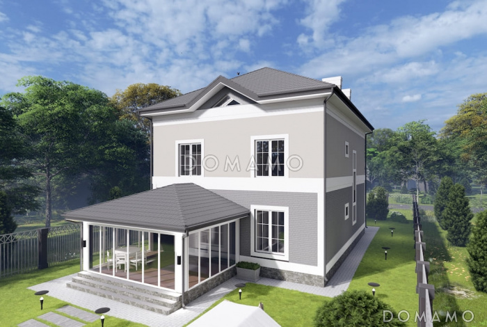 Проект двухэтажного дома с мансардой, мастер-спальней и остекленной террасой