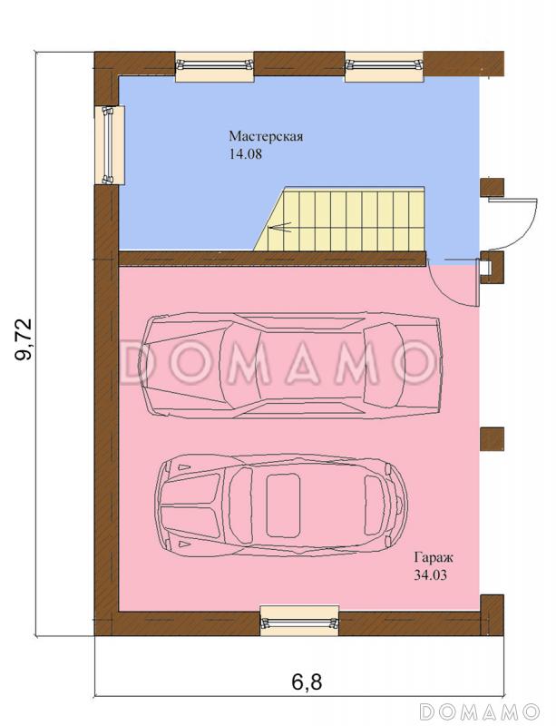 Проект одноэтажного дома с мансардным этажом, с гаражом на 2 машины / План 1 этажа
