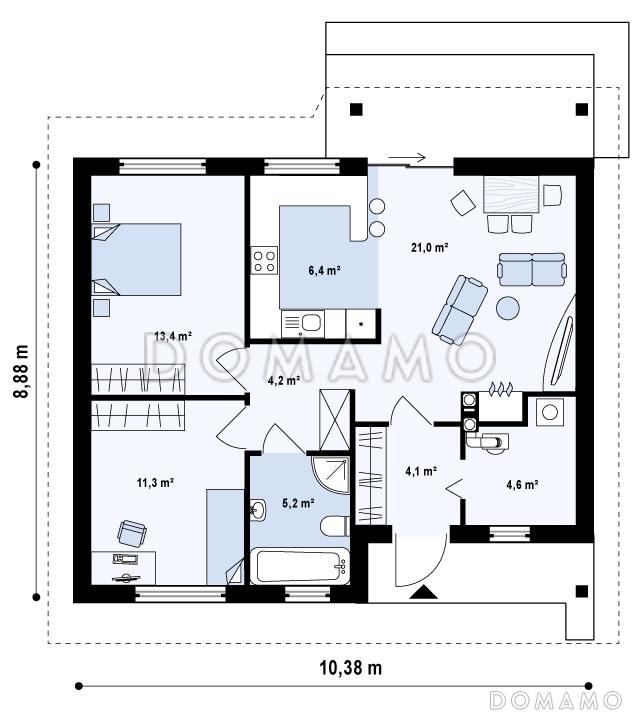 Проект небольшого одноэтажного дома из кирпича с двумя спальнями и террасой / План 1 этажа