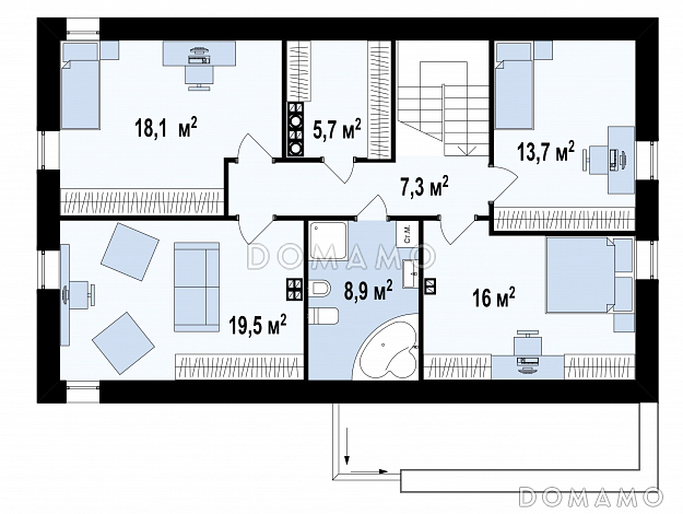 Проект современного мансардного дома из газобетона с пятью комнатами и гаражом / План мансардного этажа