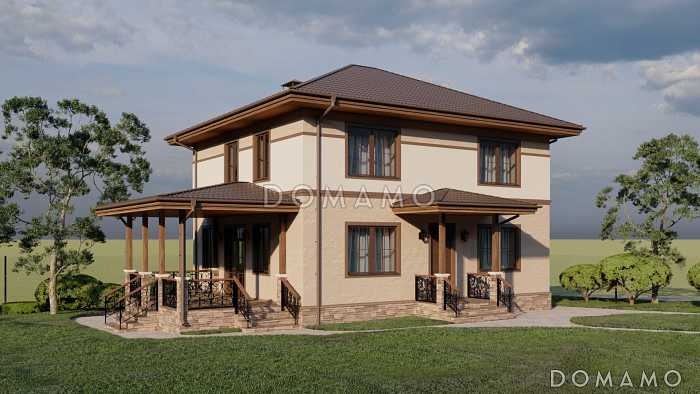 Проект двухэтажного дома с тремя спальнями на втором этаже и спальней на первом этаже