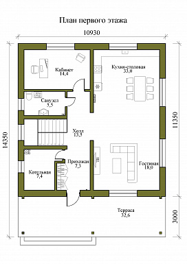 Проект двухэтажного дома с совмещенной кухней-столовой и гостиной, четырьмя спальнями и крытой террасой / План 1 этажа