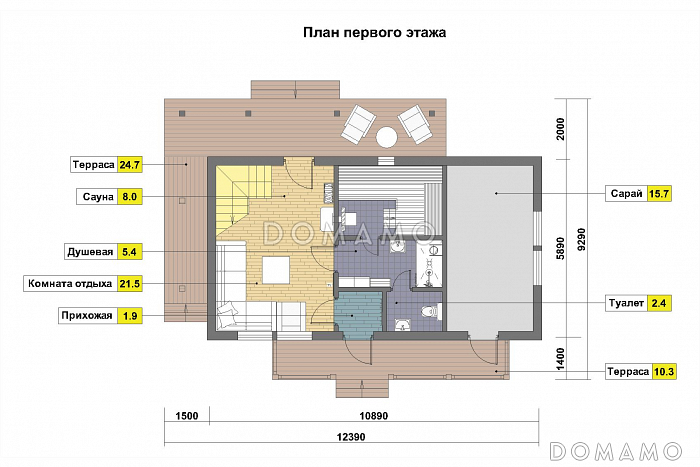Проект каркасной бани с угловой крытой террасой, сараем и мансардным этажом / План 1 этажа