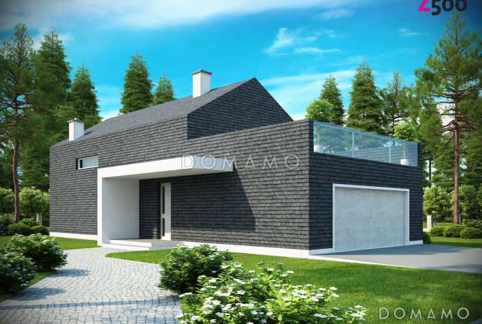 Проект современного двухэтажного дома из кирпича, с тремя спальнями, гаражом и террасой над ним