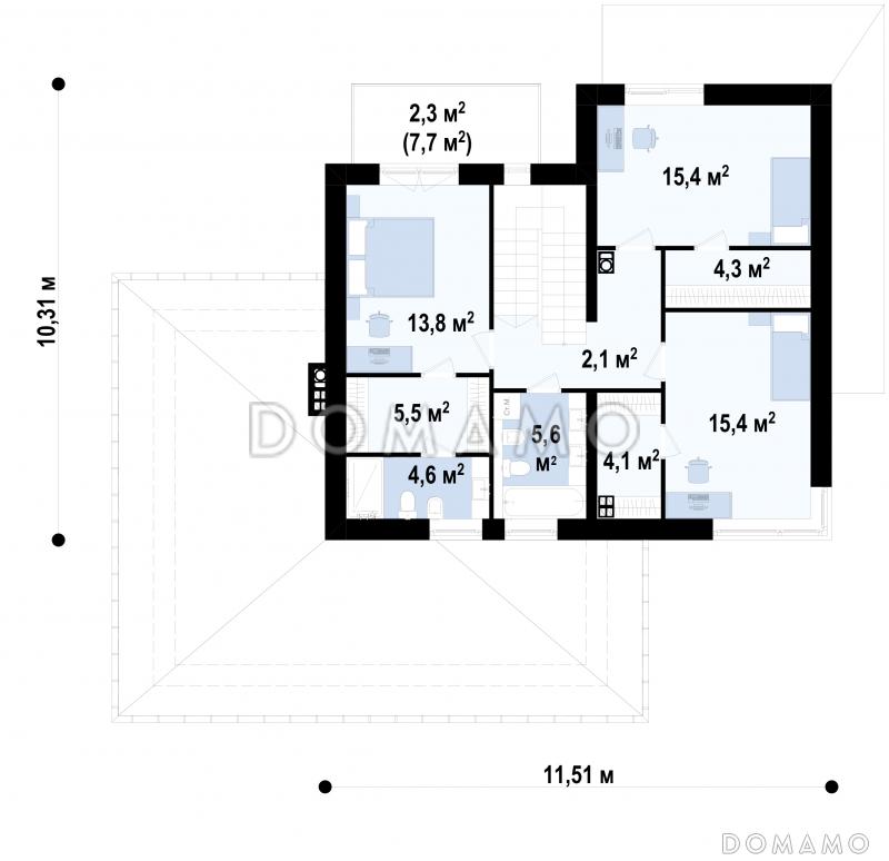 Проект дома с гаражом, комнатой с гардеробной на первом этаже, кладовой на кухне,  балконом на втором этаже в хозяйской спальне / План 2 этажа