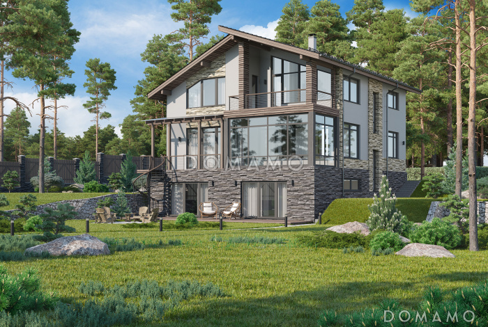 Проект загородного дома в стиле шале с верандой, балконом, сауной, бильярдной