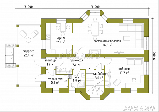 Проект коттеджа из кирпича с французскими балконами и большим кабинетом первого этажа / План 1 этажа