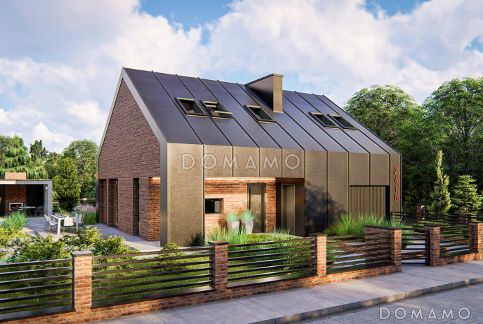 Проект загородного дома с мансардным этажом, гаражом, кабинетом и просторной гостиной