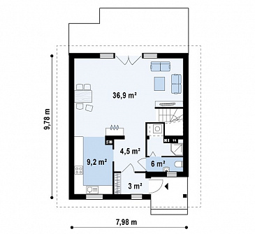Проект простого одноэтажного мансардного дома из кирпича с тремя спальнями / План 1 этажа