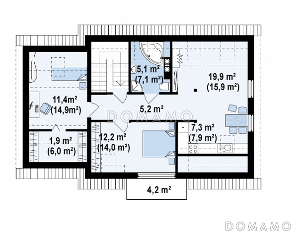 Проект одноэтажного мансардного дома из газобетона с гаражом, для двух семей на разных уровнях  / План мансардного этажа