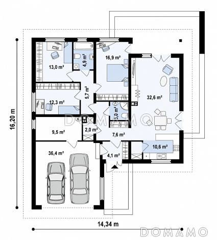 Проект одноэтажного дома из газобетона с большим гаражом и техническим помещением и частично крытой угловой террасой / План 1 этажа
